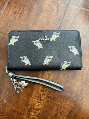 Coach Black Leather Wristlet Wallet with Party Owl Print